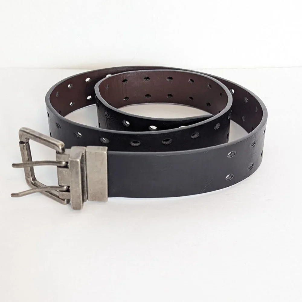 PGE Reversible Belt Black Brown‎ Accent Holes 2 Prong Silver Hardware Vegan